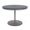 42" round bistro commercial dining table with Platinum pedestal base and Navy slatted MGP tabletop