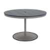 48" round bistro commercial dining table with Platinum pedestal base and Navy slatted MGP tabletop
