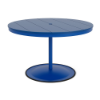 48" round bistro commercial dining table with Marina pedestal base and Royal Blue slatted MGP tabletop