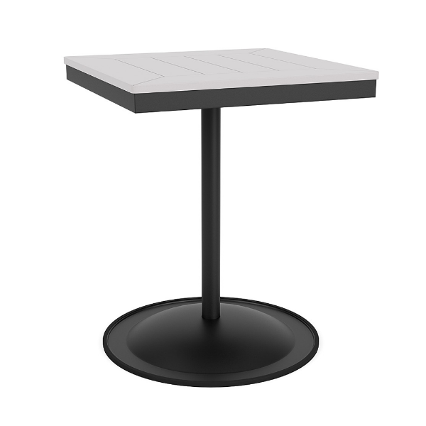 24" square bistro commercial dining table with Starlight Black pedestal base and White slatted MGP tabletop