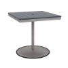 30" square bistro commercial dining table with Platinum pedestal base and Navy slatted MGP tabletop