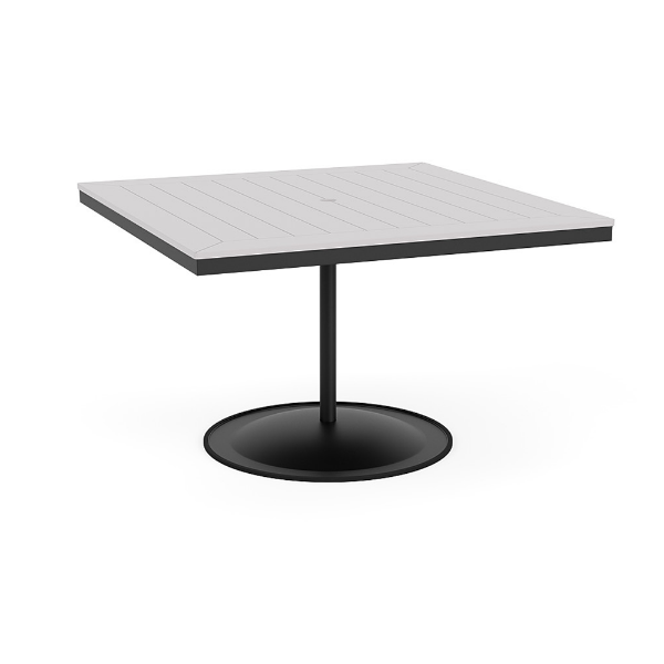 48" square bistro commercial dining table with Starlight Black pedestal base and White slatted MGP tabletop