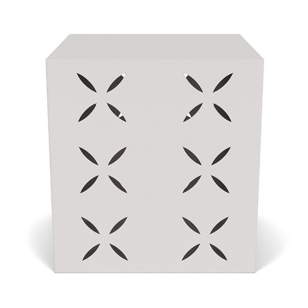 16" square commercial side table in Sky White with decorative four-petal flower cutouts arranged across the front panel