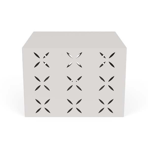24" square pattern cut-out commercial side table in white with repeating decorative flower-shaped cutouts