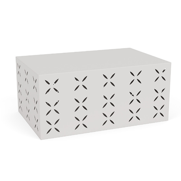 26" x 40" rectangular pattern cut-out commercial coffee table in white with repeating decorative flower-shaped cutouts