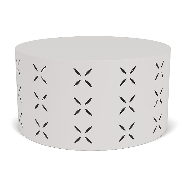 36" cylinder commercial coffee table in Sky White with repeating flower pattern cut-outs and solid round tabletop