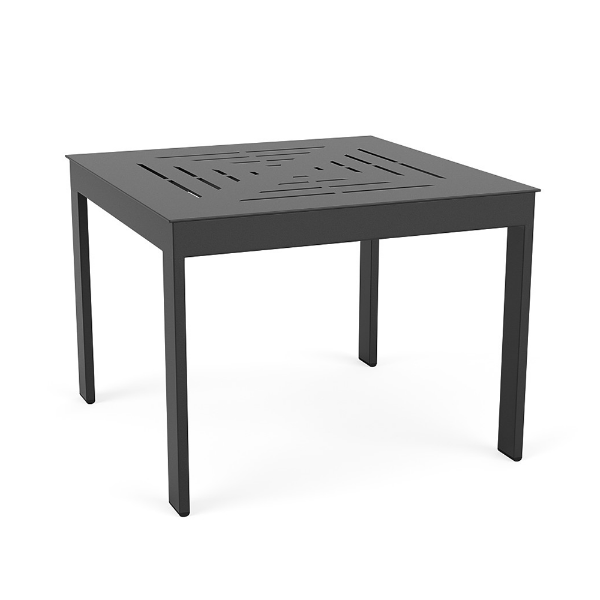 24" Skyline square aluminum commercial patio side table in Starlight Black with geometric slat pattern cut-out tabletop