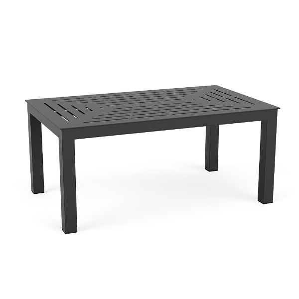 25" x 40" Skyline rectangular aluminum commercial patio coffee table in Starlight Black with geometric slat pattern cut-out tabletop