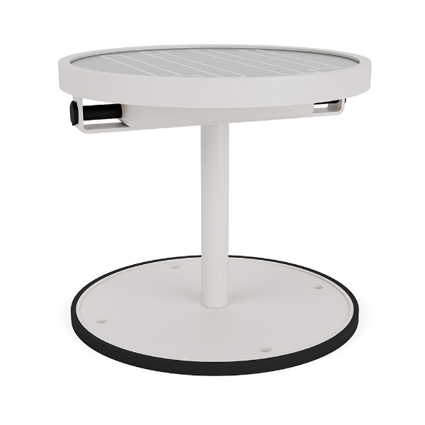 20" Solstice pedestal round commercial solar patio side table in Sky White with integrated solar panel, center pedestal, and circular base