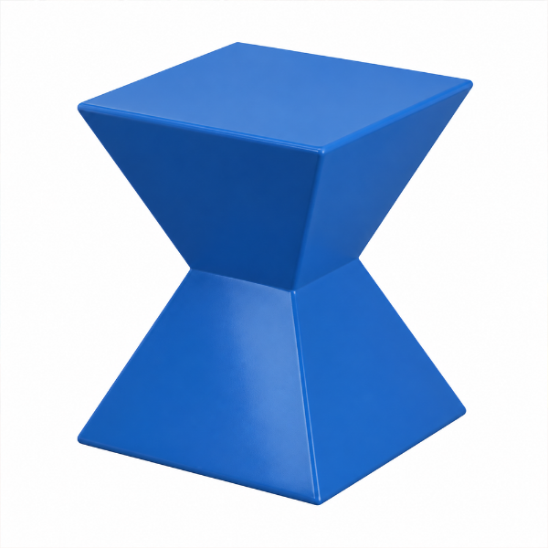 14" Diamond fiberglass commercial side table in a glossy blue finish with a sculpted geometric base and square tabletop